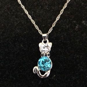 Kitten necklace silver tone chain sapphire crystal